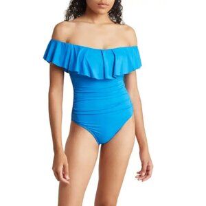💕LA BLANCA💕 Ruffle One-Piece Swimsuit ~ Capri Blue 8 NWT